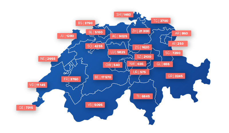 Schweizer Karte mit Anzahl Demenzerkrankungen pro Kanton