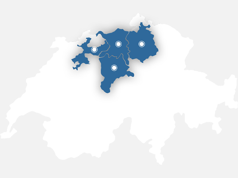 Umriss der Schweiz, die Kantone Luzern, Zürich, Solothurn und Aargau sind hervorgehoben