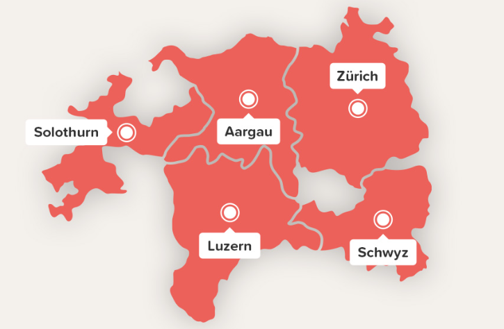 švajcarska mapa u kojoj je kanton Cirih, Lucerne, Solothurn, Schwyz & Aargau istaknut crvenom bojom