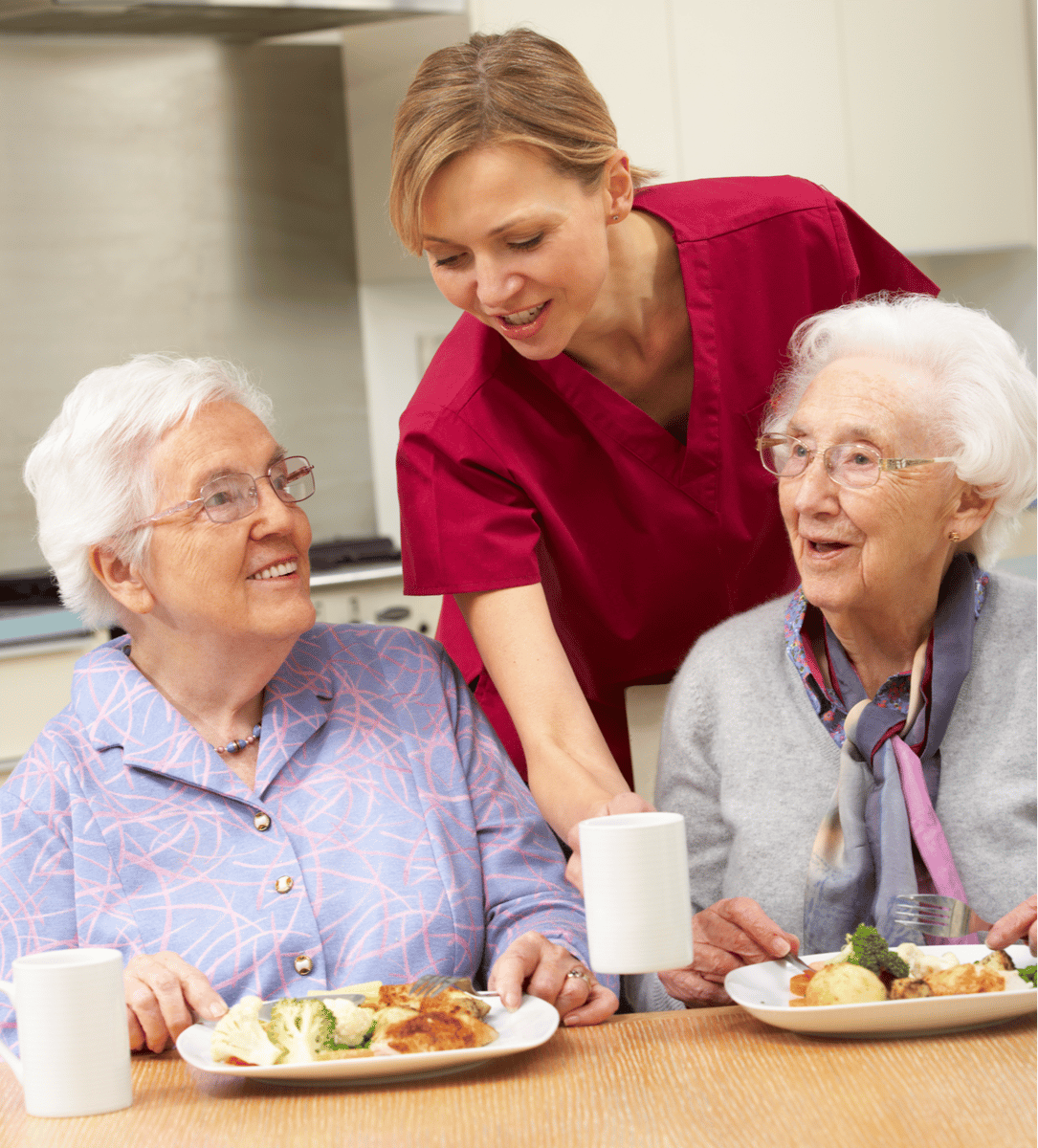 2 ältere Dame werden vom Spitex Puls24 Mahlzeitendienst beliefert und bedient